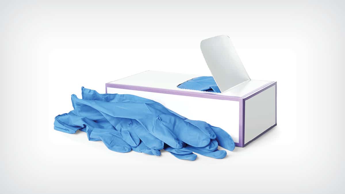 A box of disposable blue nitrile gloves, with several gloves neatly pulled out for easy access.